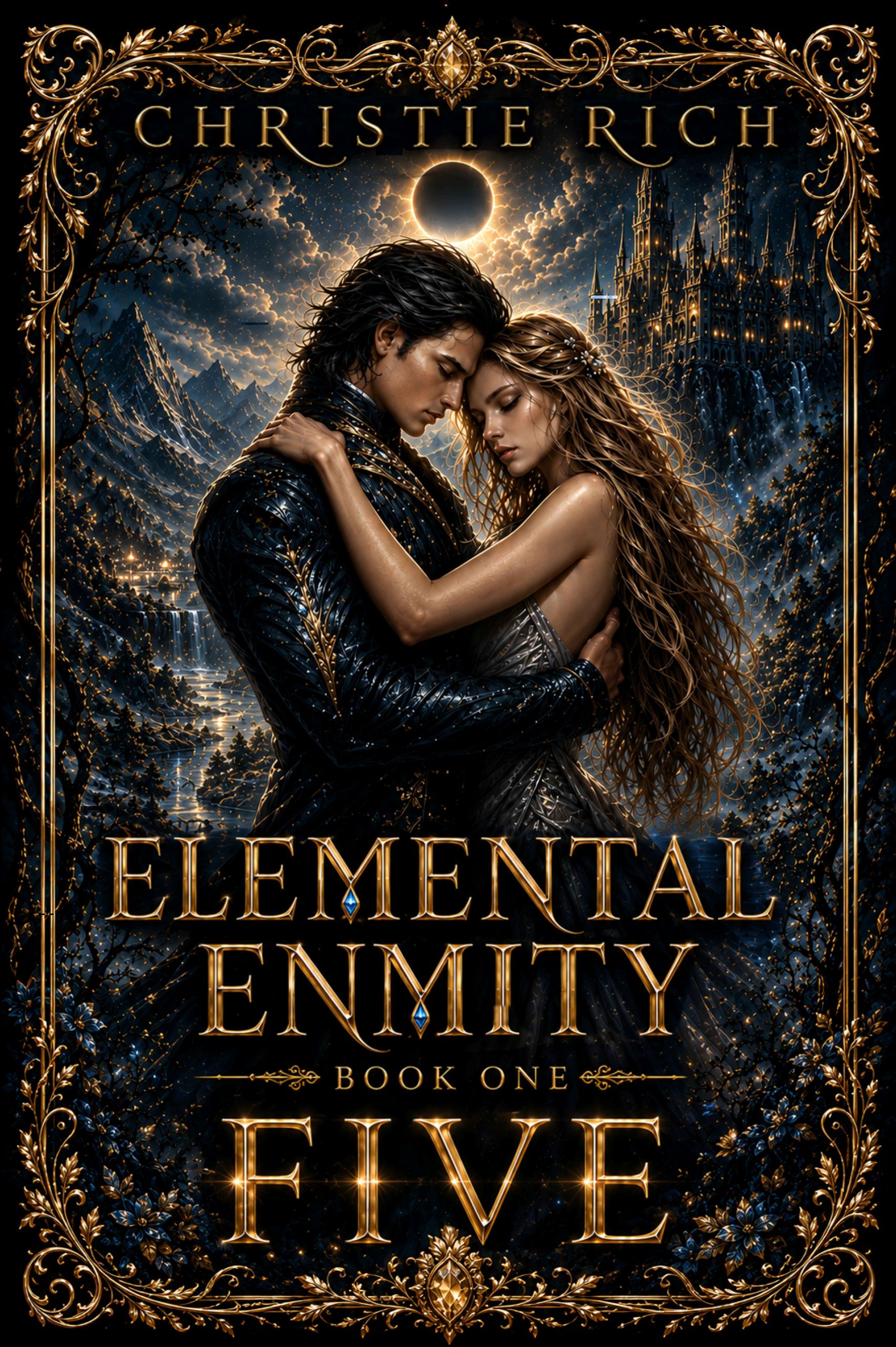 Woman and Man embrace under an eclipse in a fae world.
