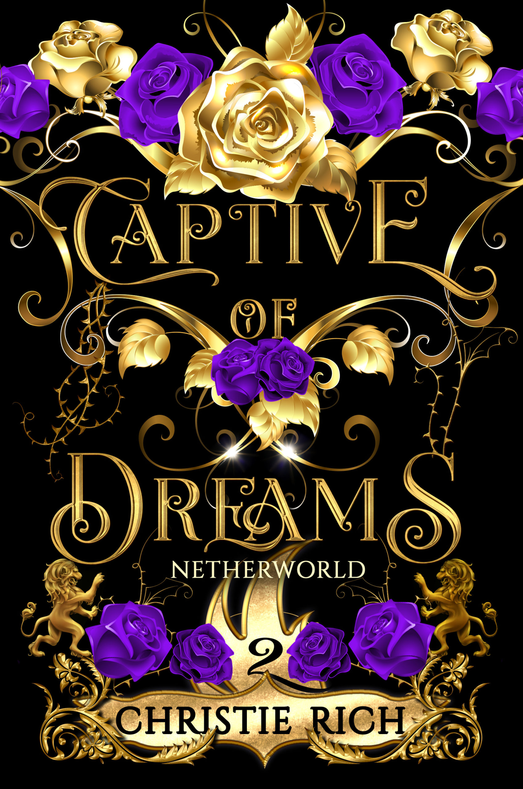 Captive of Dreams in gold letters and purple roses in a captivating design