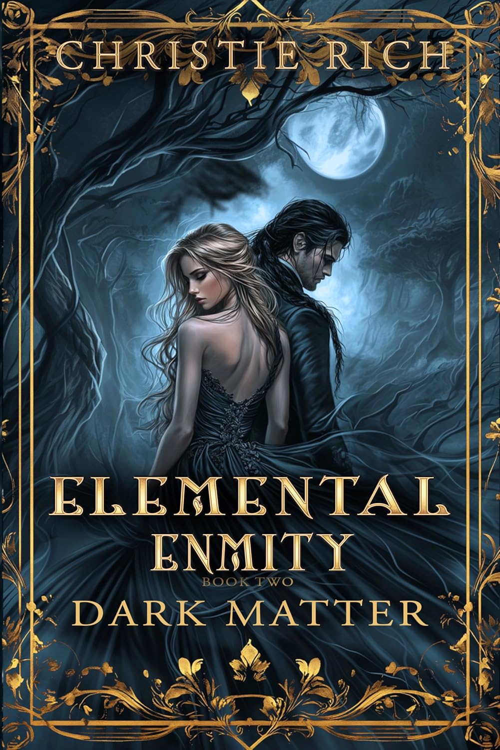 Dark Matter, Elemental Enmity Book 2, a couple looks away from each other under a moody moon.