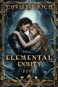 Romantasy book cover with a couple embracing in a dark forest.