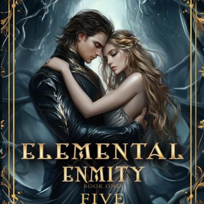 Romantasy book cover with a couple embracing in a dark forest.