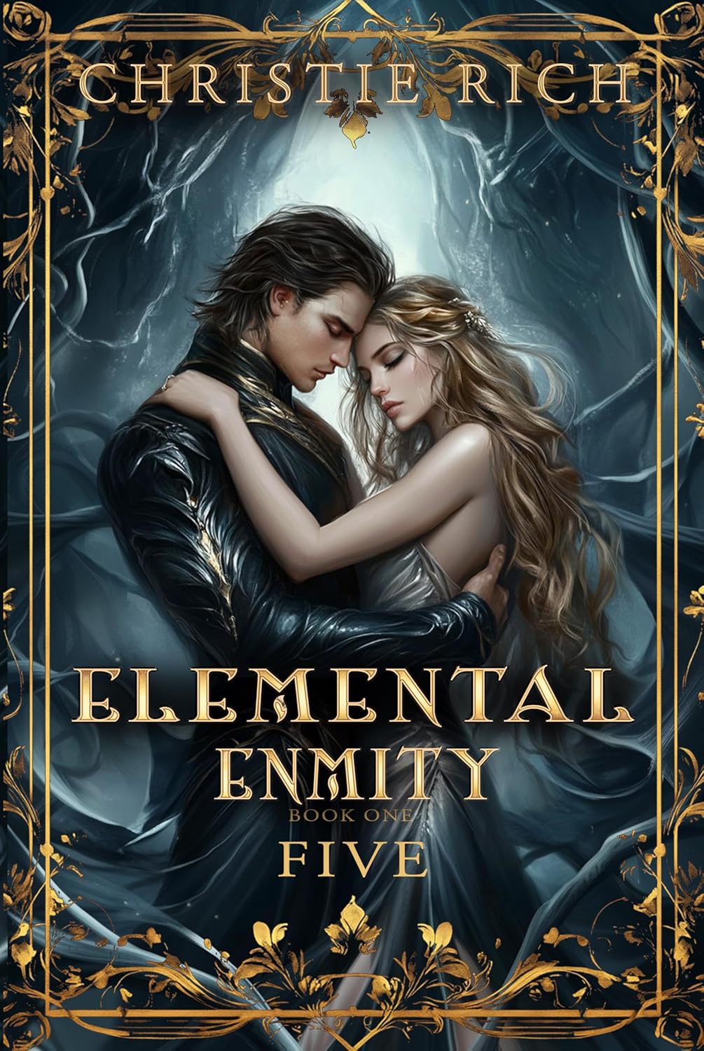 Romantasy book cover with a couple embracing in a dark forest.