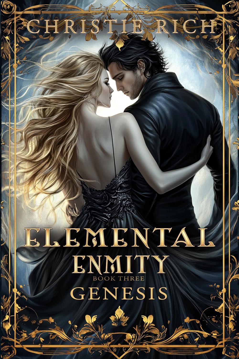 Genesis, Elemental Enmity Book 3 by Christie Rich, a couple walks together down a lit pathway.