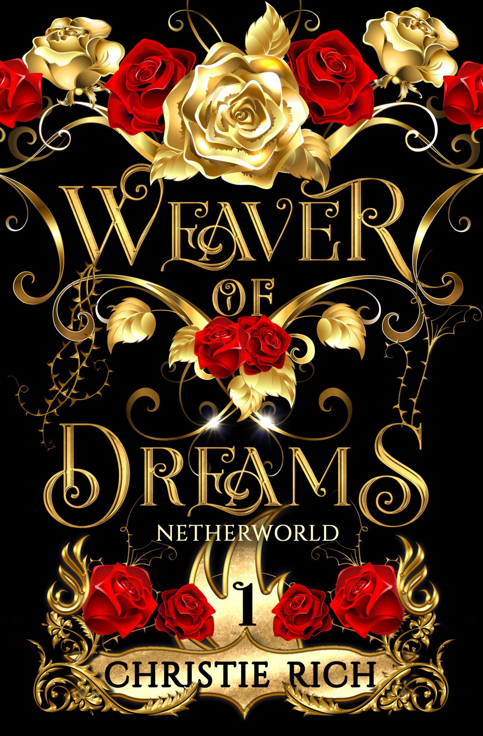 Book cover with gold text and red roses on a black background.