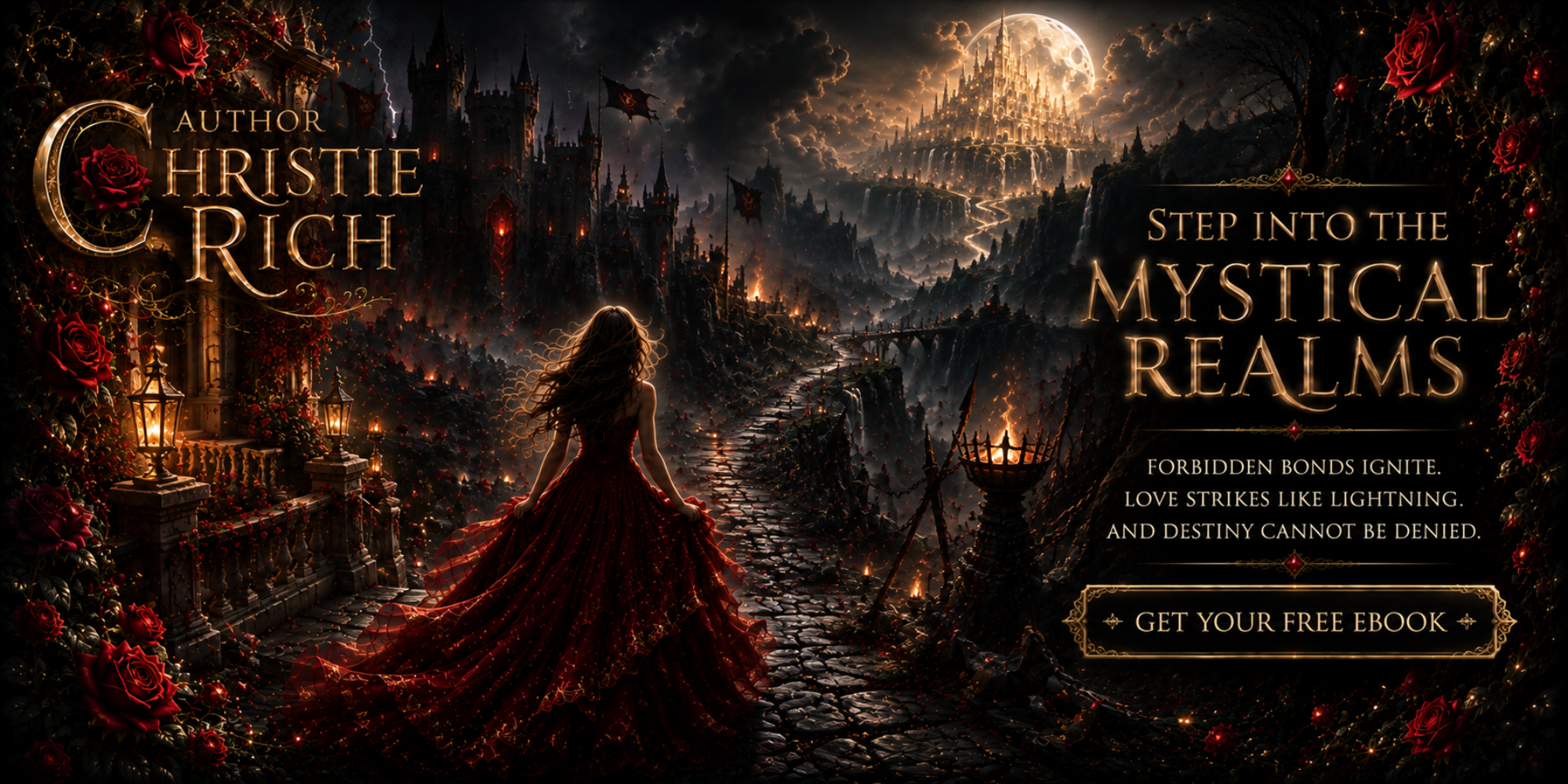 Beautiful woman in a red dress has to walk through danger to get to a beautiful castle