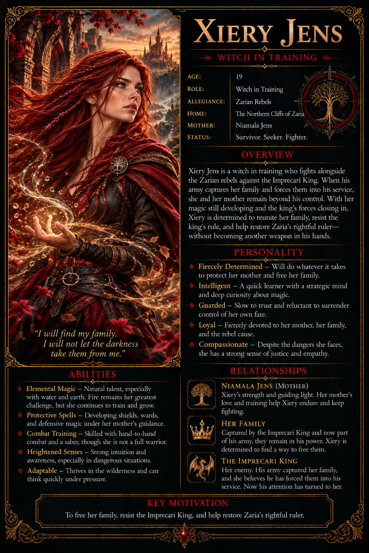 Character card for Xiery Jens, a red-haired, green-eyed witch in training from Cursed Kingdom. Xiery stands before the towers of Zaria in dark leather armor and a crimson cloak, conjuring swirling elemental magic in her hand. The ornate black, red, and gold card includes details about her personality, abilities, relationships, and determination to free her captured family and resist the Imprecari King.