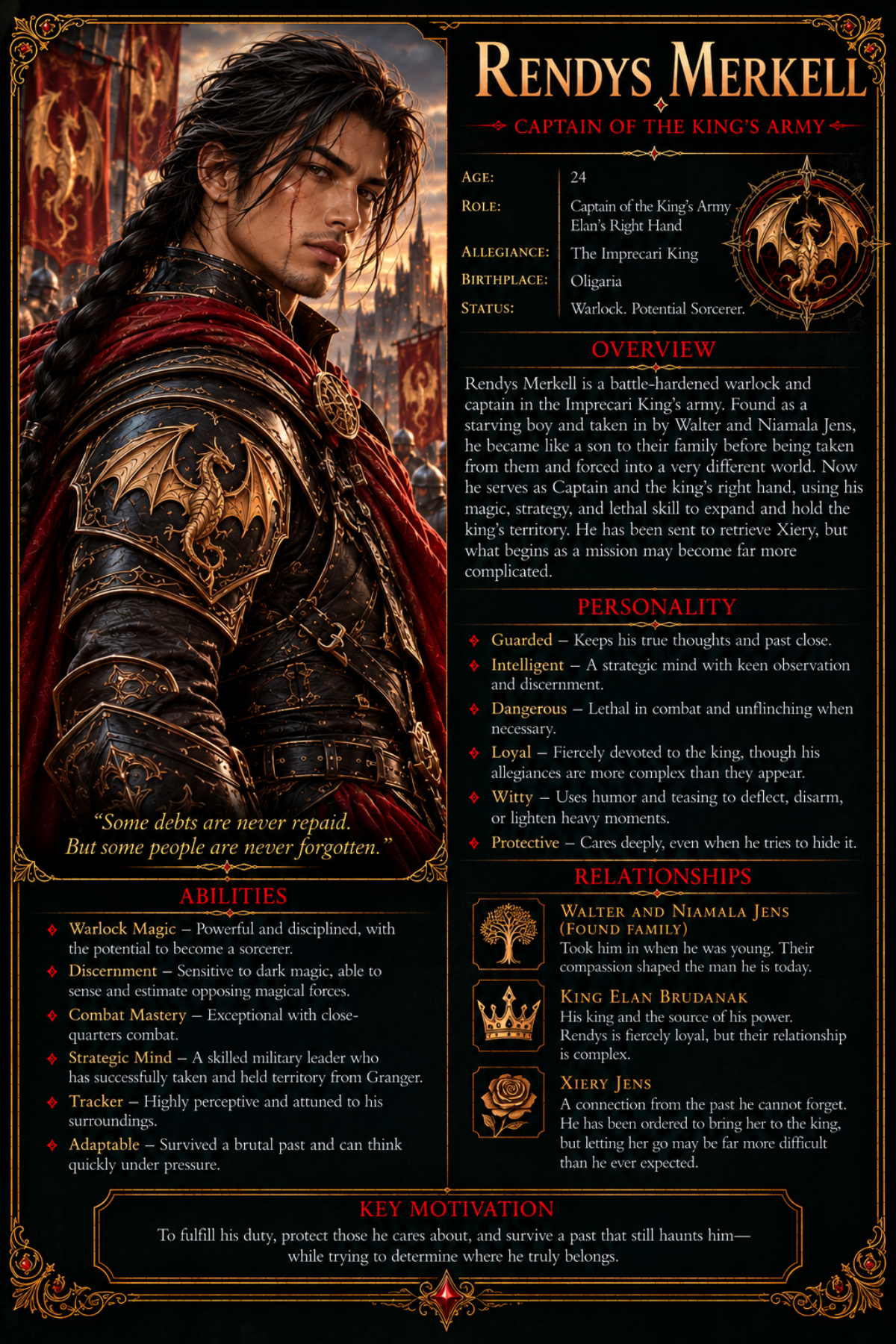 Character card for Rendys Merkell, a handsome, scarred warlock and Captain of the Imprecari King’s army from Cursed Kingdom. Rendys has long dark hair worn in a braid and wears black armor bearing Zaria’s golden wyvern insignia with a deep red cloak. The ornate black, red, and gold card includes details about his personality, magical and combat abilities, relationships, and complicated loyalties.
